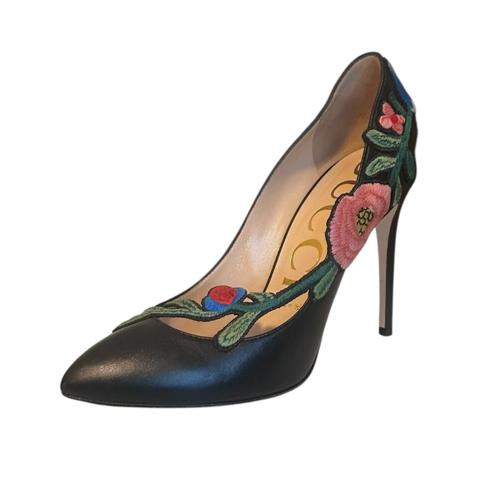 Gucci Ophelia Embroidered Heel Pumps Black 38 - Picture 5 of 9
